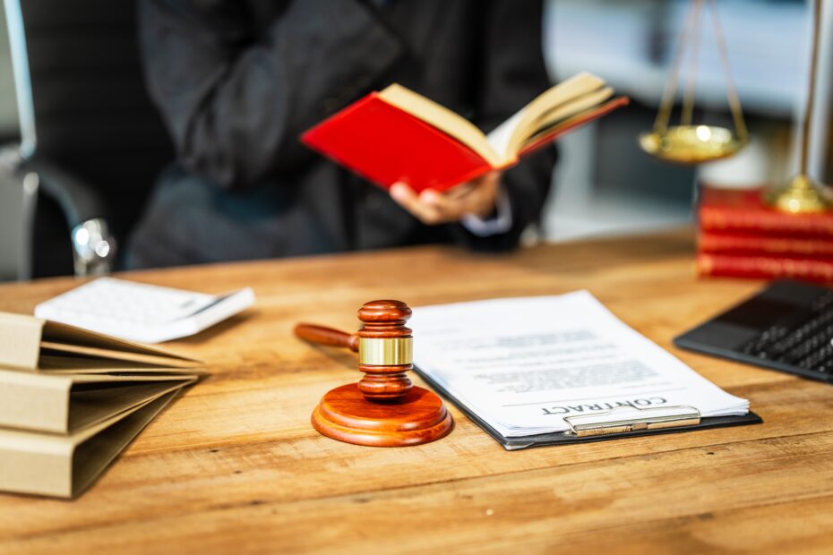 A young businesswoman is working at her desk, diligently preparing legal briefs and reviewing