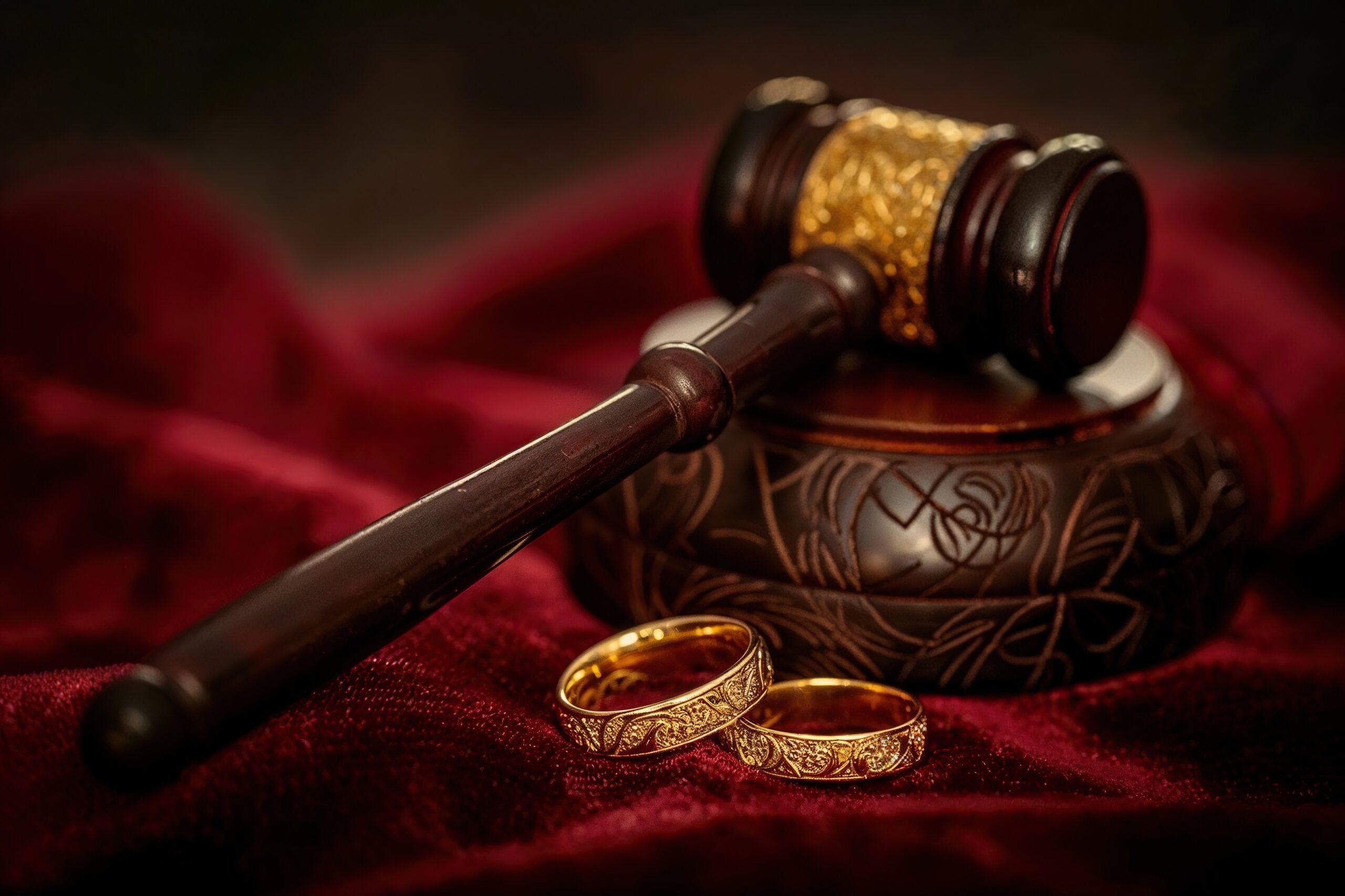 Divorce concept with gavel and wedding rings