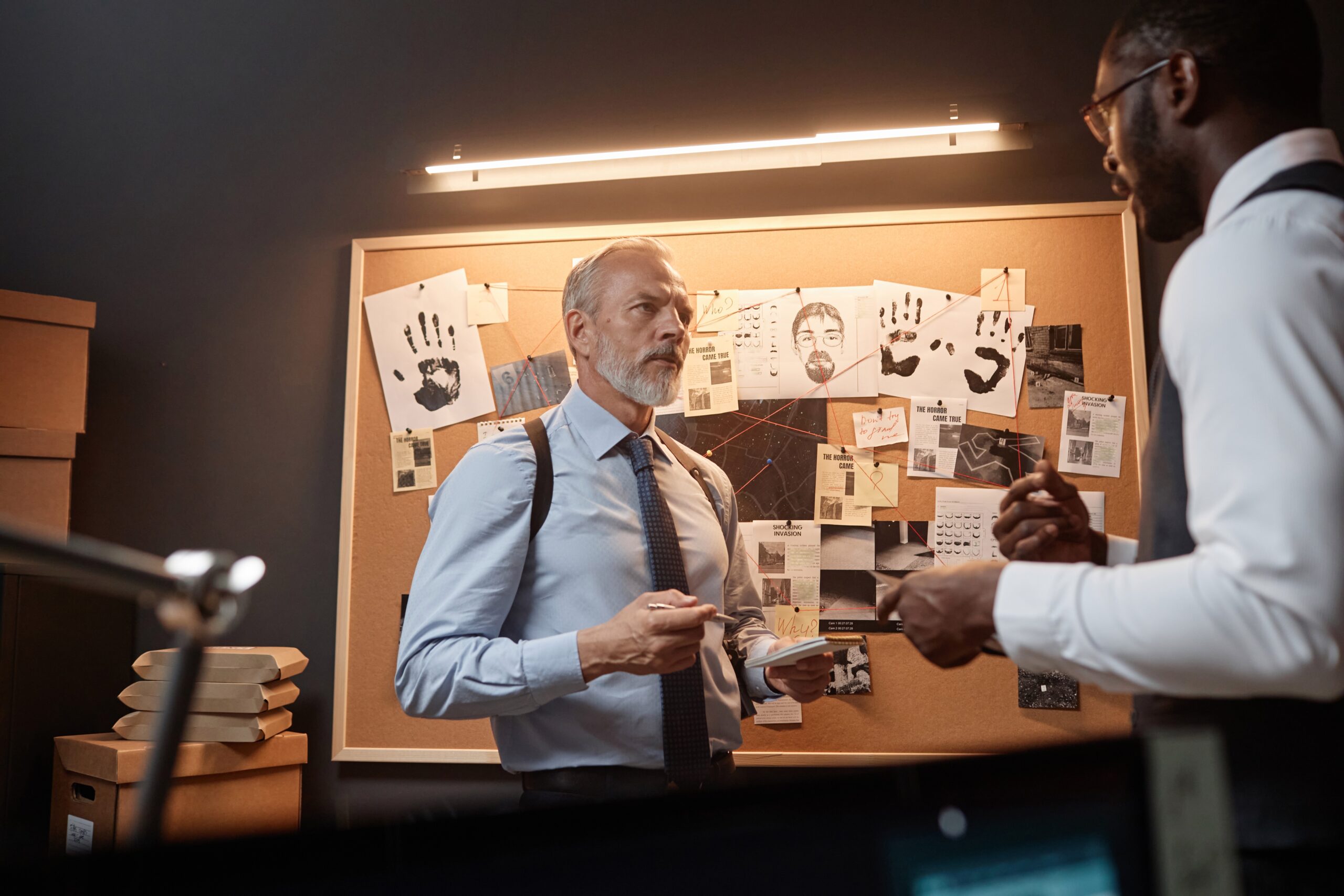 Dramatic two detectives discussing case by evidence board during investigation