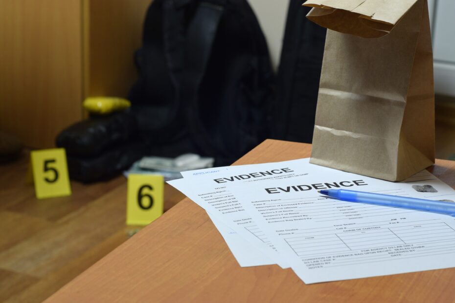 Evidence Chain of Custody Labels and brown paper bag lies with big heroin packets