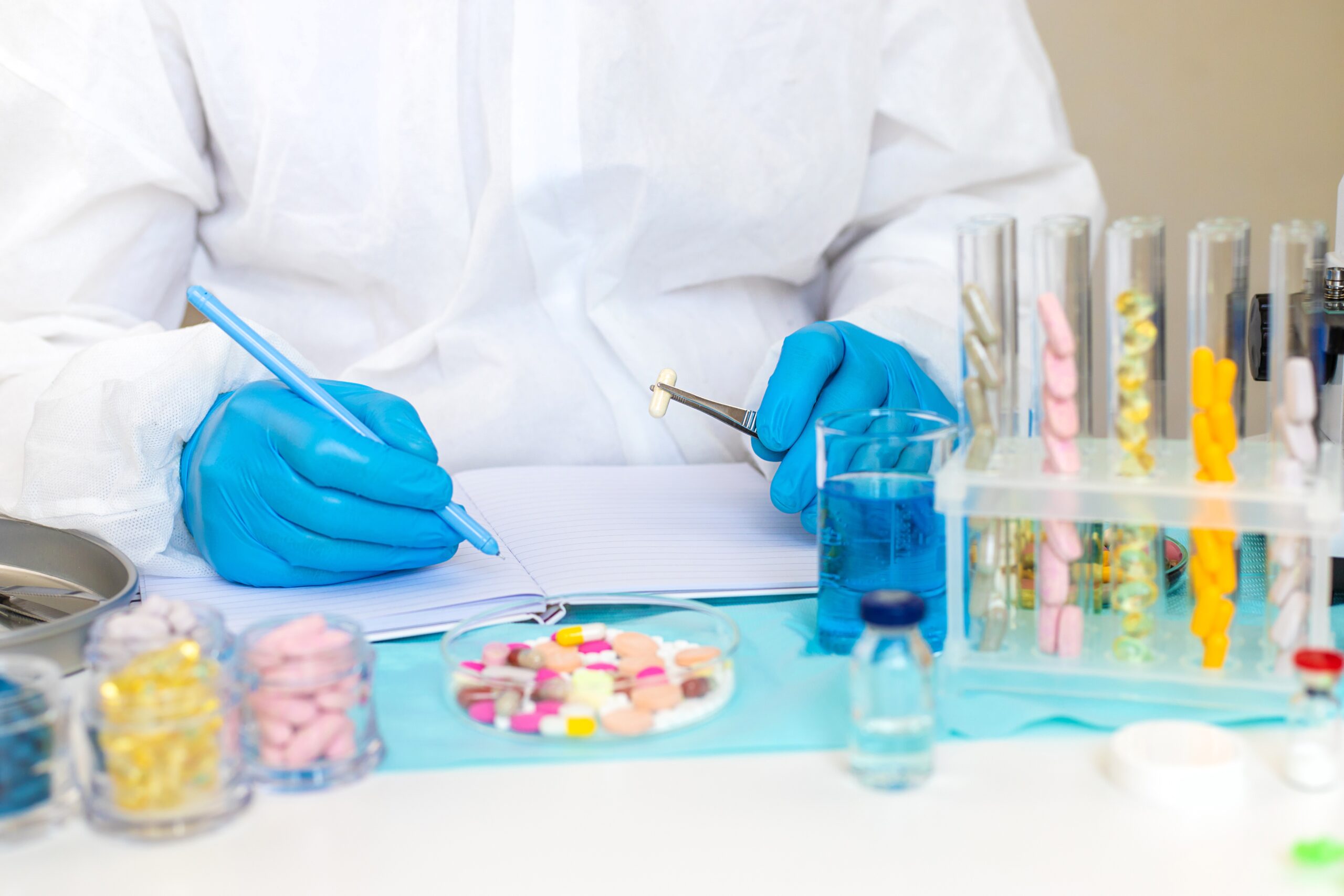 examine drugs in the laboratory. Selective focus.