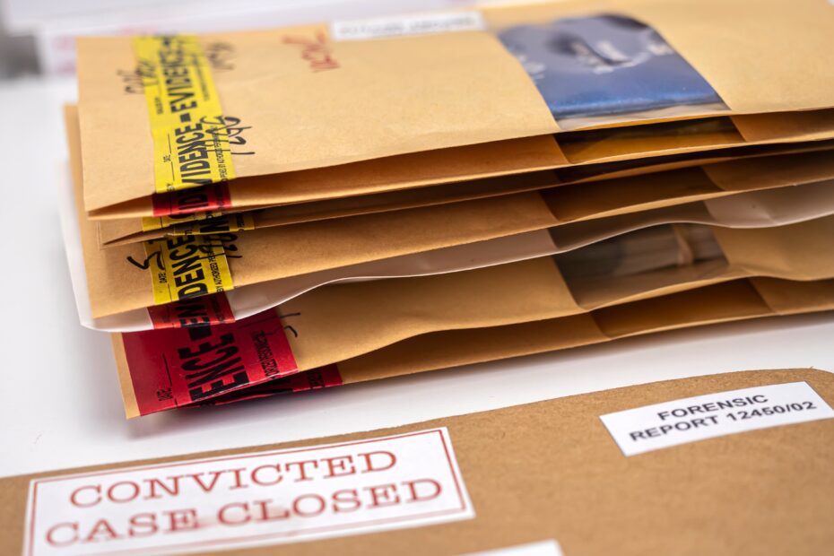 Files and evidence bag in a crime lab, conceptual image