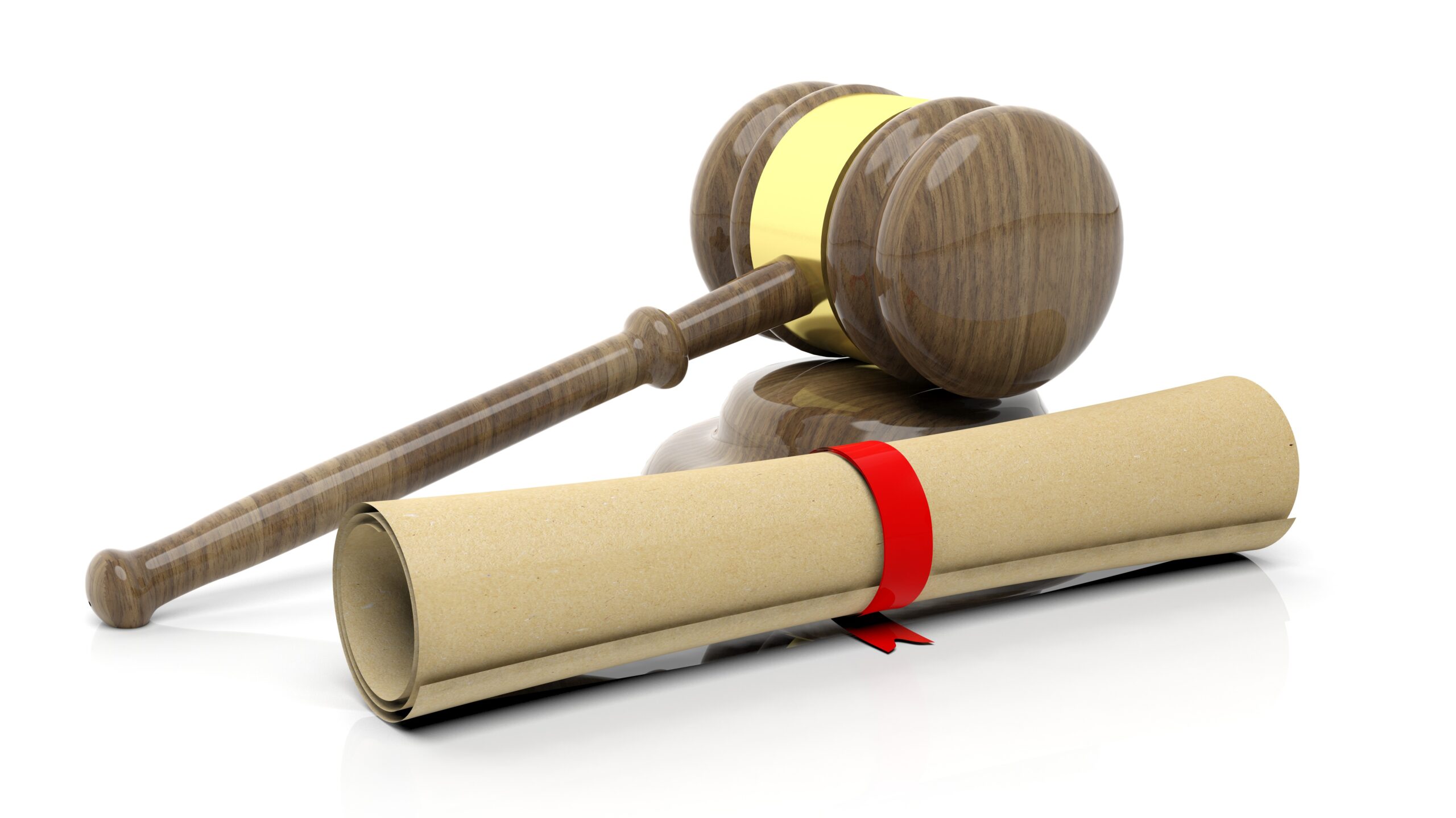 Gavel with scroll, isolated on white background