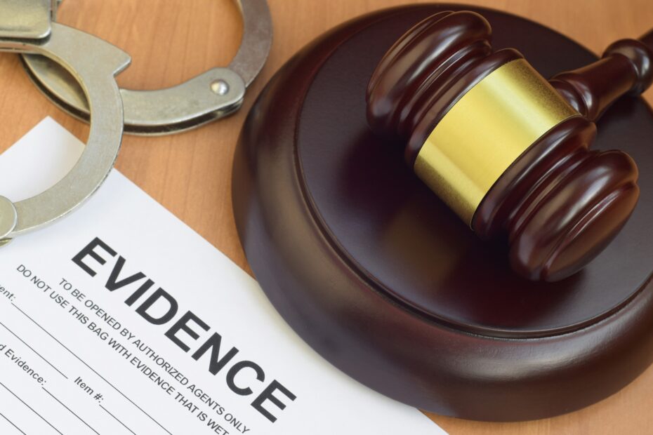 Justice mallet and evidence report blank document for crime scene investigation with police