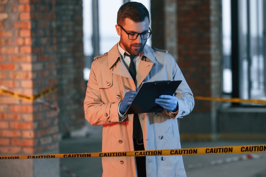 Male detective in coat is collecting evidence in a crime scene on the construction site