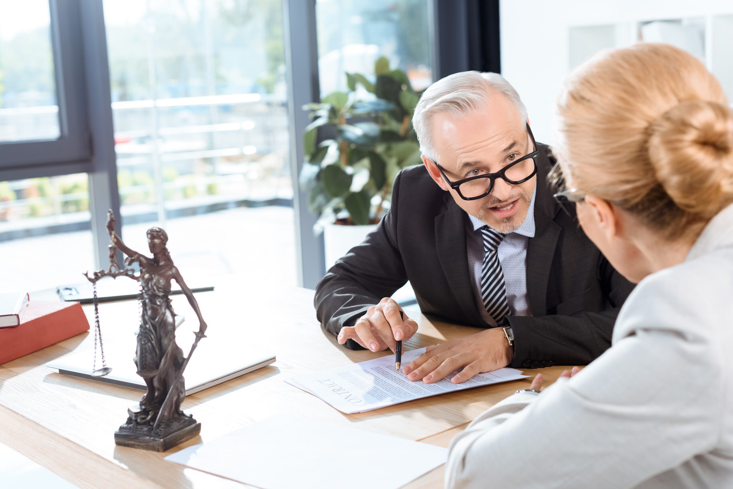 mature serious lawyers discussing business documents in office