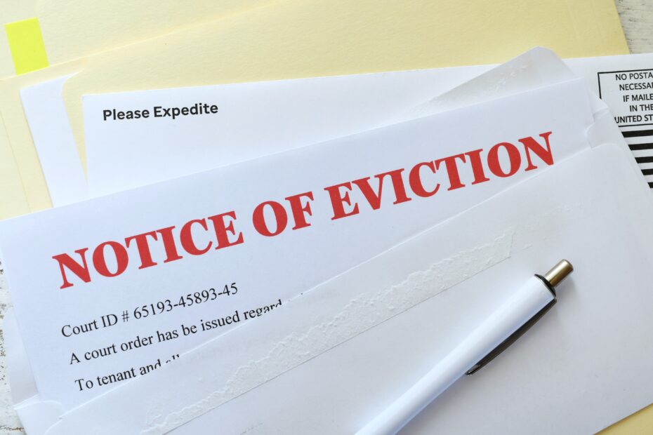 Notice of Eviction in red in an envelope that came from the courts as an official document.