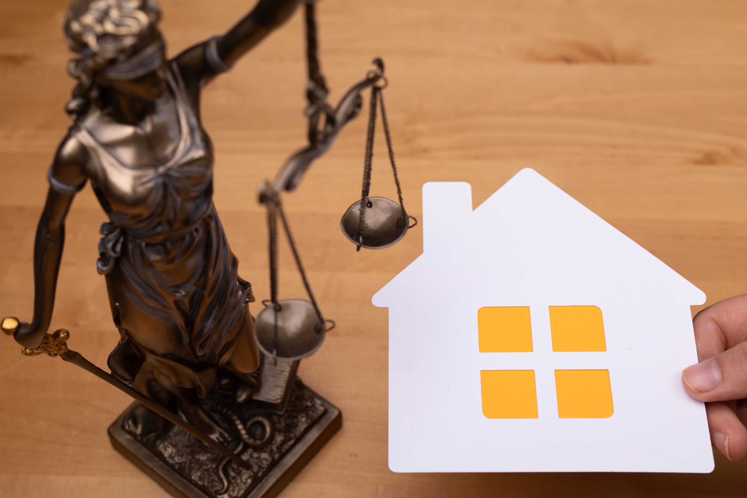Person's hand holding a house layout near the statue of justice