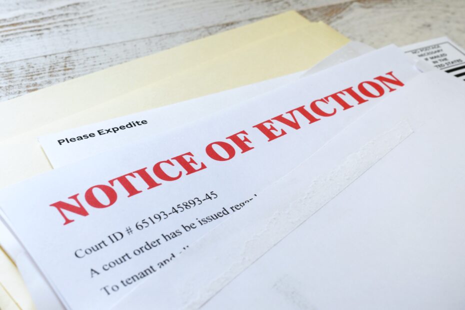 Side angle view of an official court ordered Eviction Notice in an envelope.