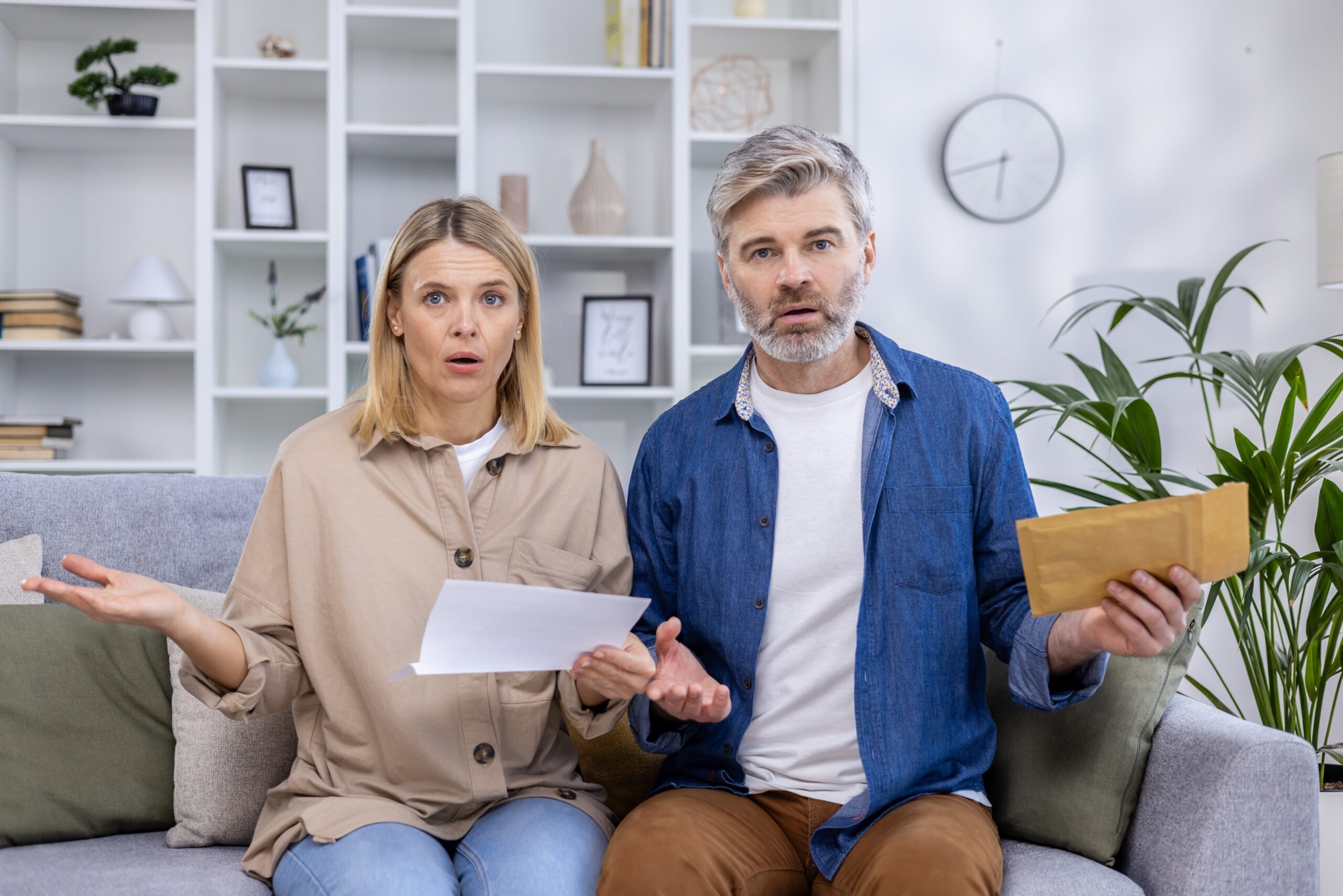 Surprised couple looking at bills and documents on their couch in living room