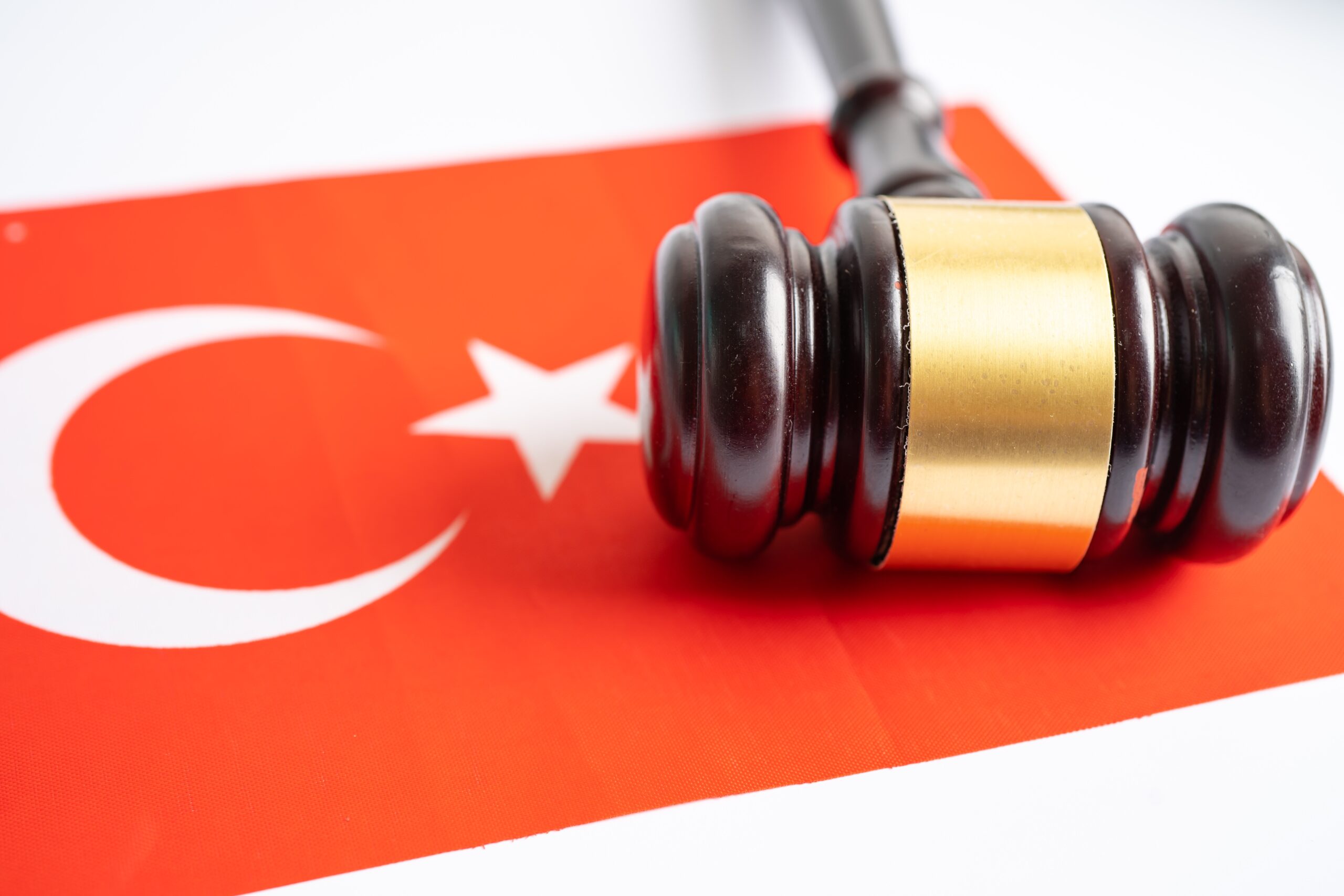 Turkey flag with gavel for judge lawyer. Law and justice court concept.